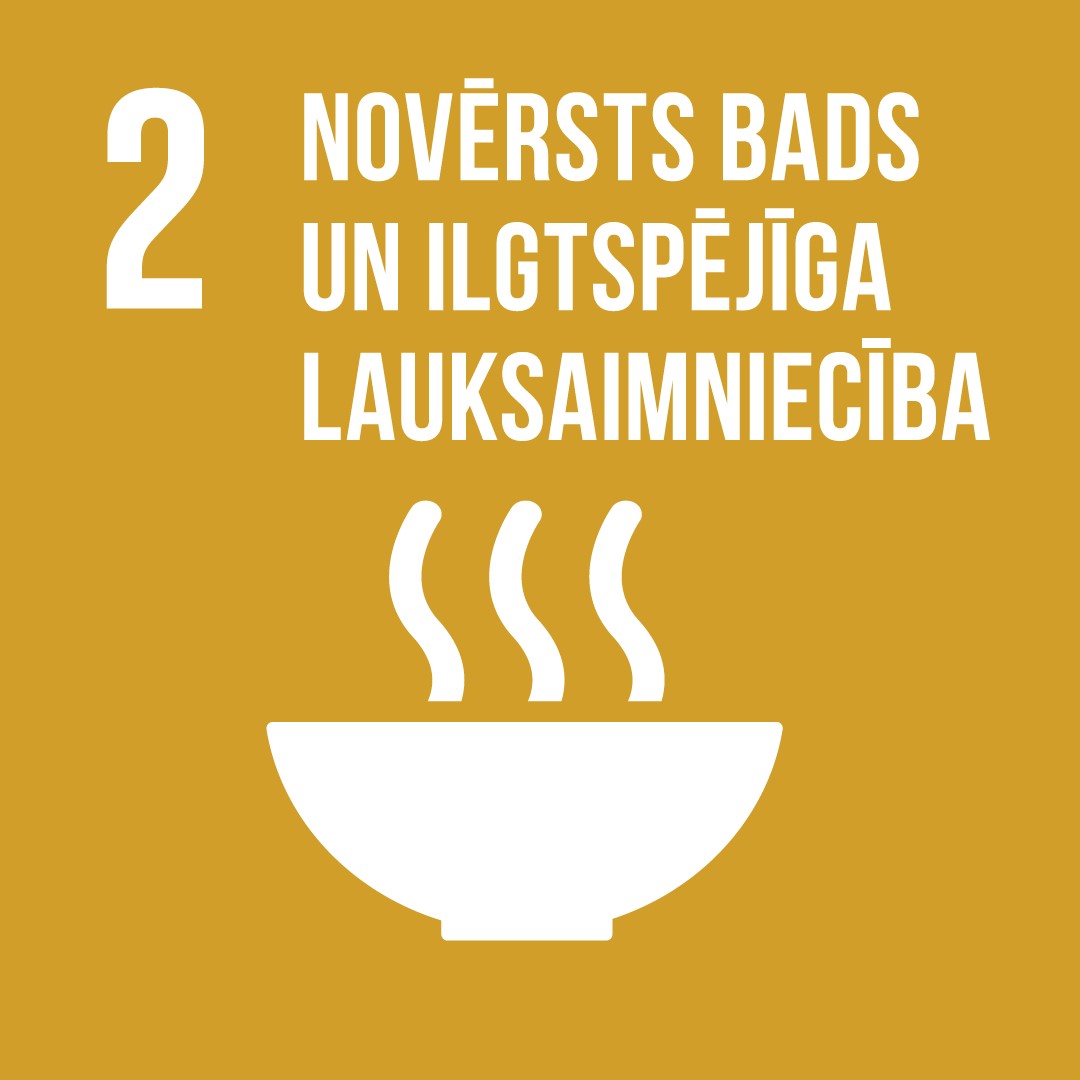 ANO Ilgtspējīgas attīstības 2. mērķa "Izskaust badu, panākt pārtikas nodrošinājumu un uzlabotu uzturu, veicināt ilgtspējīgu lauksaimniecību"ikona